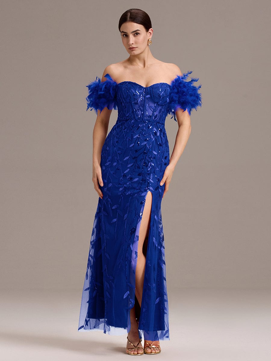 Off-Shoulder Feather Sleeve A-Line High Split Backless Sequin Formal Dress #color_Sapphire Blue
