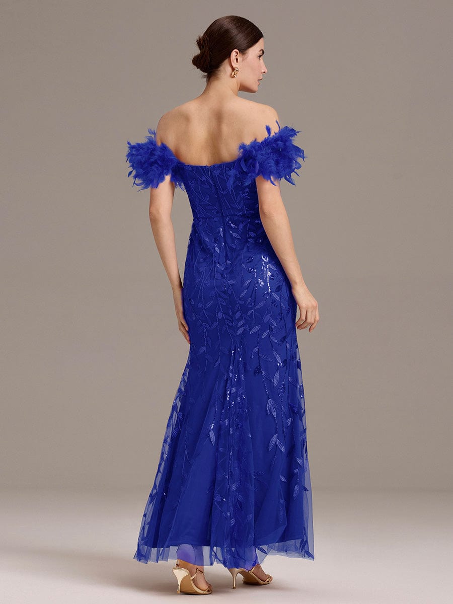 Off-Shoulder Feather Sleeve A-Line High Split Backless Sequin Formal Dress #color_Sapphire Blue