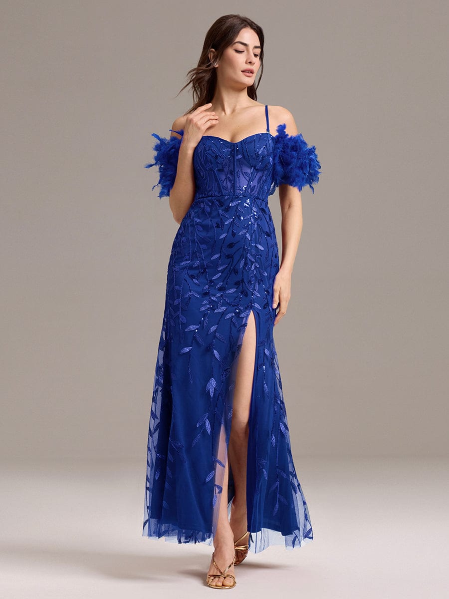 Off-Shoulder Feather Sleeve A-Line High Split Backless Sequin Formal Dress #color_Sapphire Blue