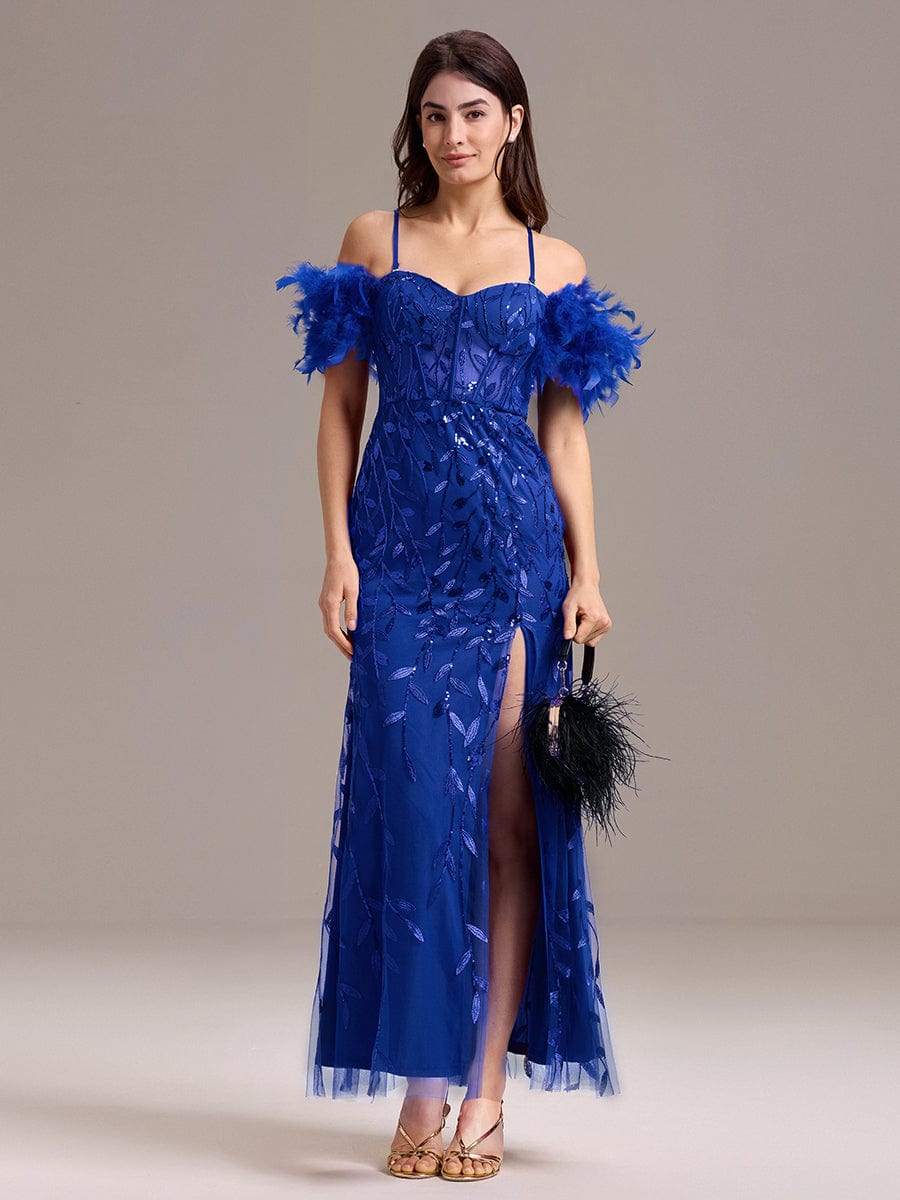 Off-Shoulder Feather Sleeve A-Line High Split Backless Sequin Formal Dress #color_Sapphire Blue