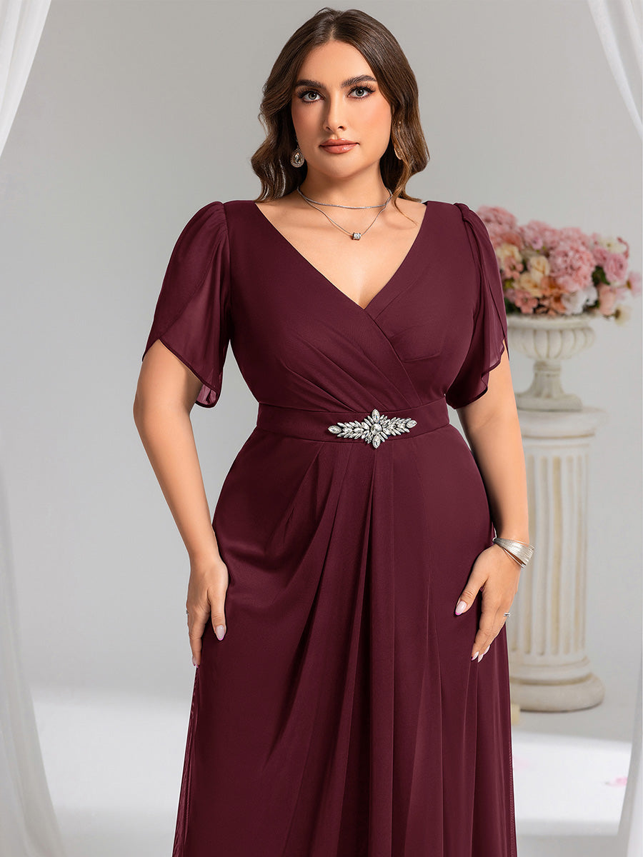 Chiffon A-Line Ruffle Sleeve Evening Dress #color_Burgundy
