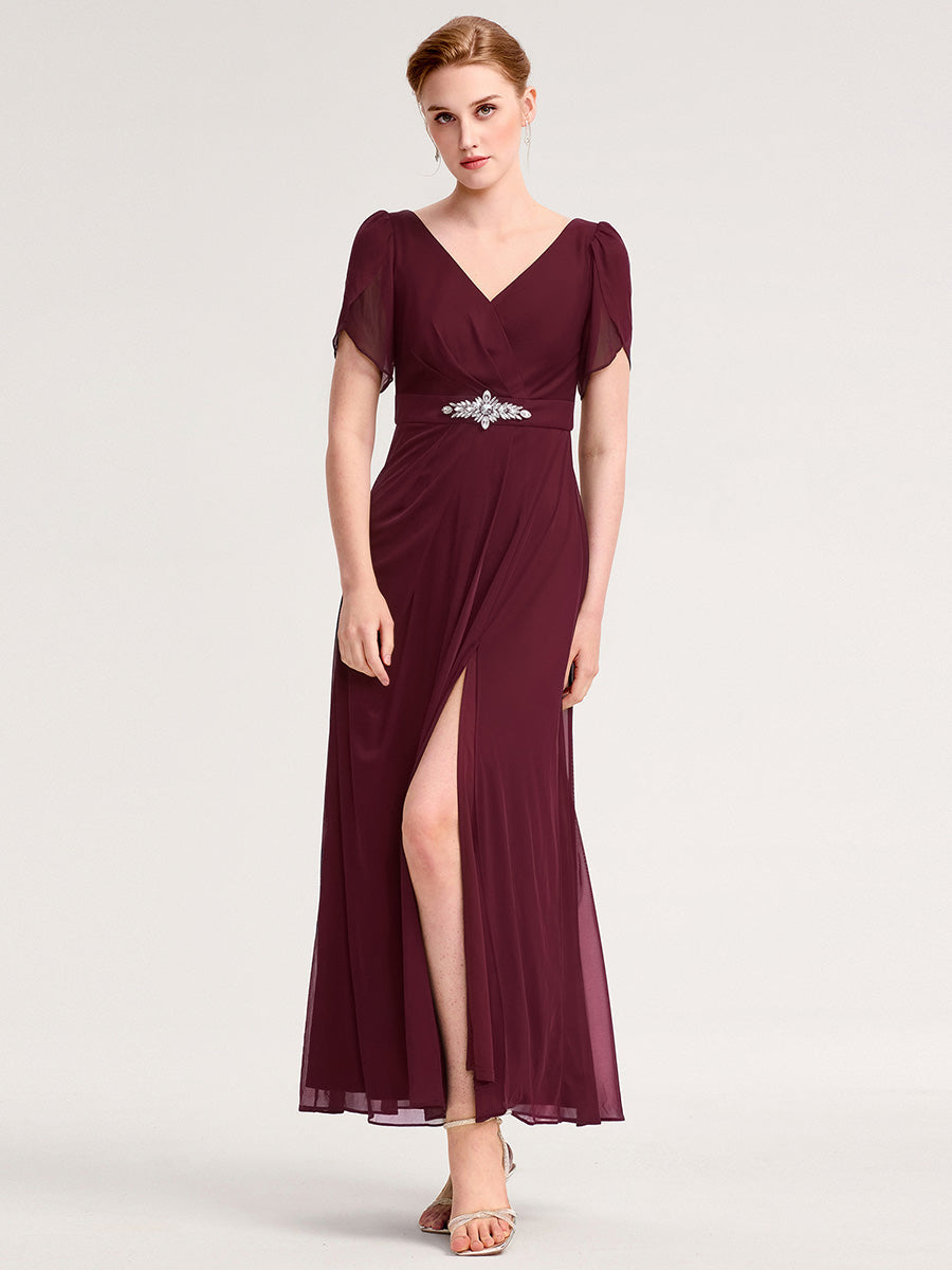 Chiffon A-Line Ruffle Sleeve Evening Dress #color_Burgundy