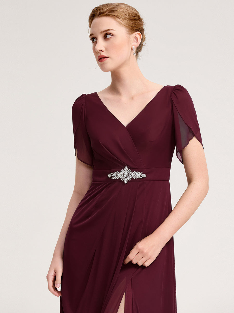 Chiffon A-Line Ruffle Sleeve Evening Dress #color_Burgundy