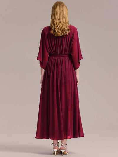 Slit Chiffon Tie-Front Formal Dress #color_Burgundy