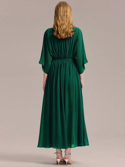 Slit Chiffon Tie-Front Formal Dress #color_Dark Green