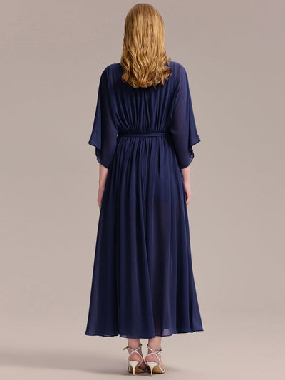 Slit Chiffon Tie-Front Formal Dress #color_Navy Blue