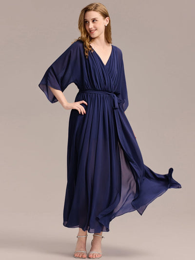Slit Chiffon Tie-Front Formal Dress #color_Navy Blue