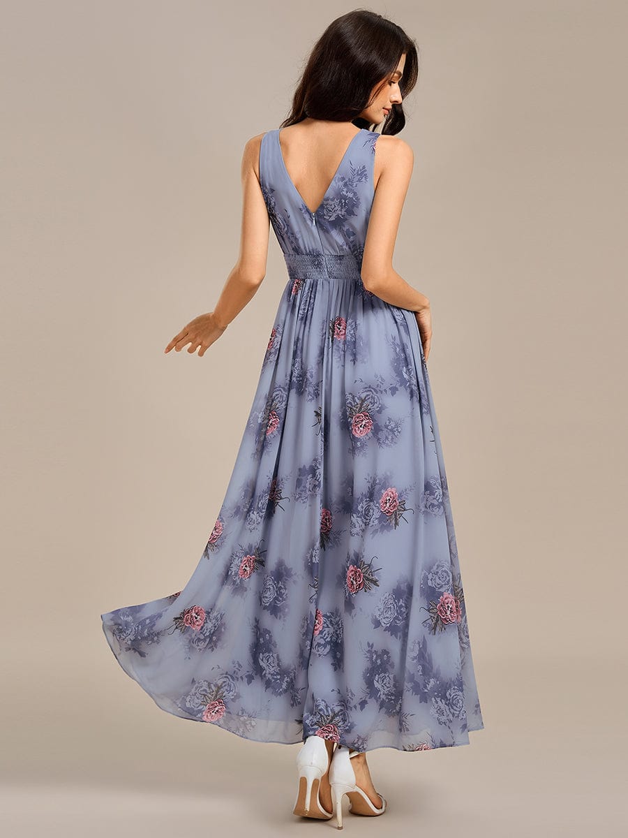 Double V Neck Empire Waist Floral Sleeveless Maxi Formal Dress #color_Dusty Peony
