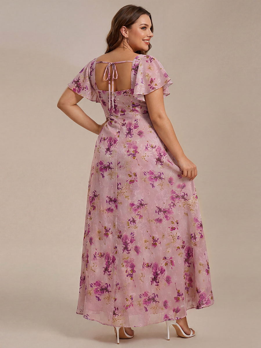 Floral Print Flutter Sleeve Side Split Maxi Formal Dresses #color_Light Purple Print
