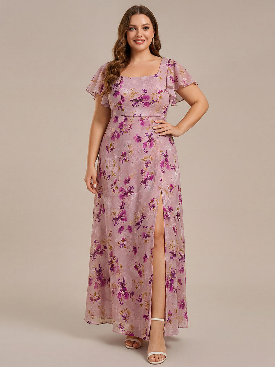 plus size floral maxi dress Ever-Pretty Print Flutter Sleeve Side Split Formal NA-12.03.24AM GRANDEUR Womens Plus Size Color:WHITE/BLUE Cut-Out Long Ruffled Prom Boho dress