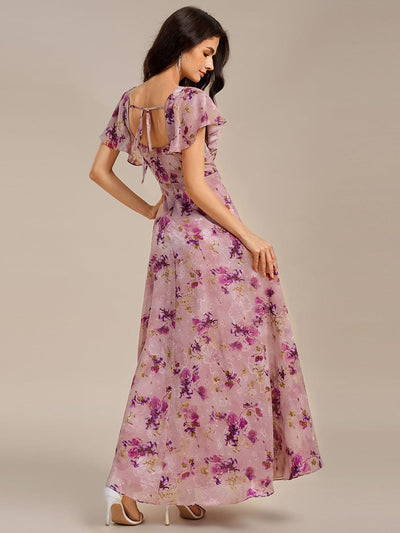Floral Print Flutter Sleeve Side Split Maxi Formal Dresses #color_Light Purple Print