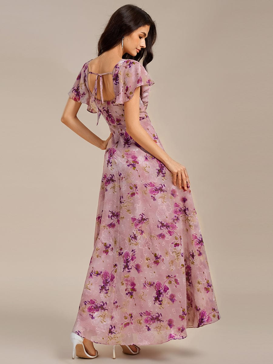 Floral Print Flutter Sleeve Side Split Maxi Formal Dresses #color_Light Purple Print