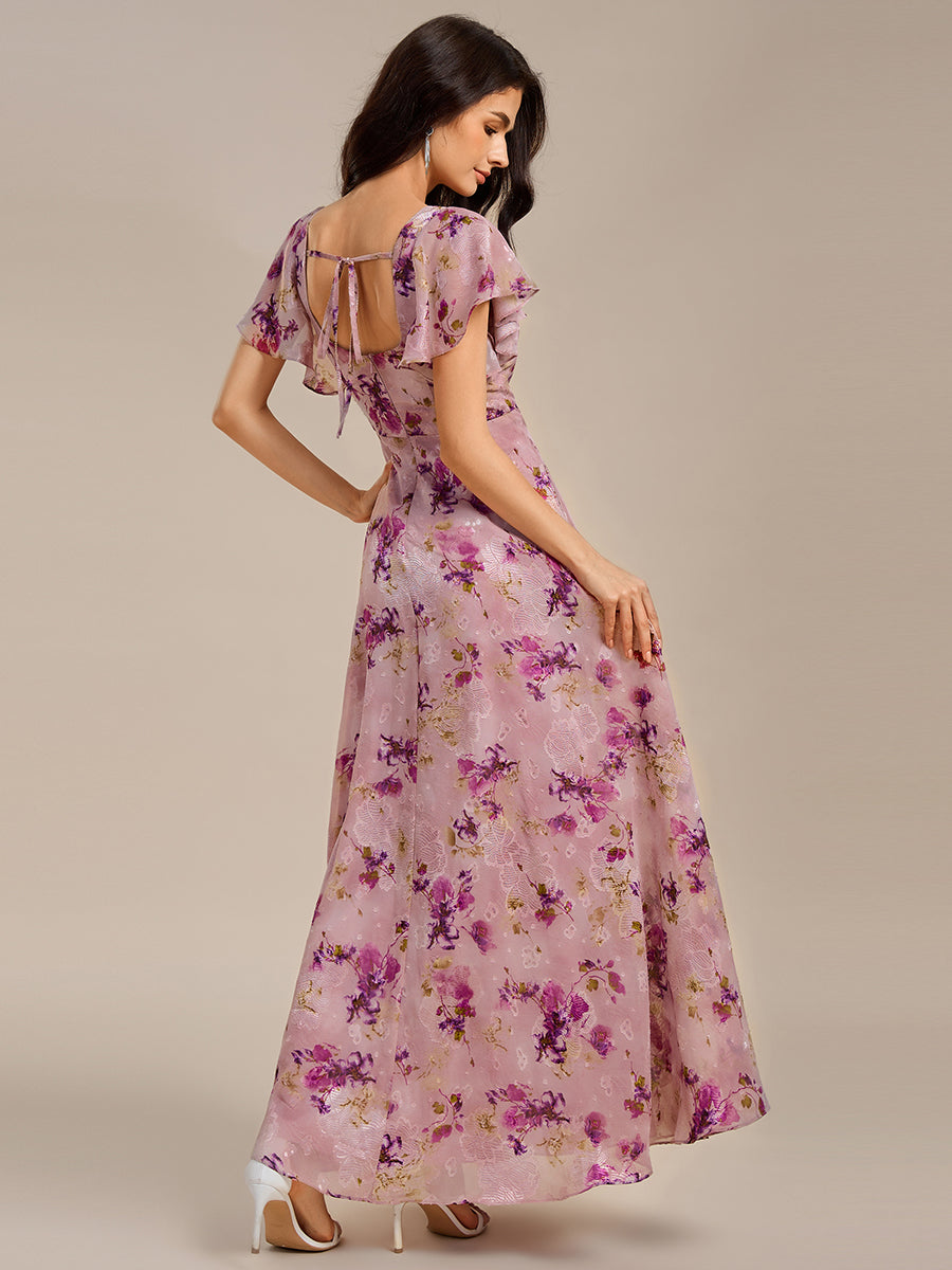 Plus Size Floral Print Side Split Wedding Guest Dress#color_Light Purple Print