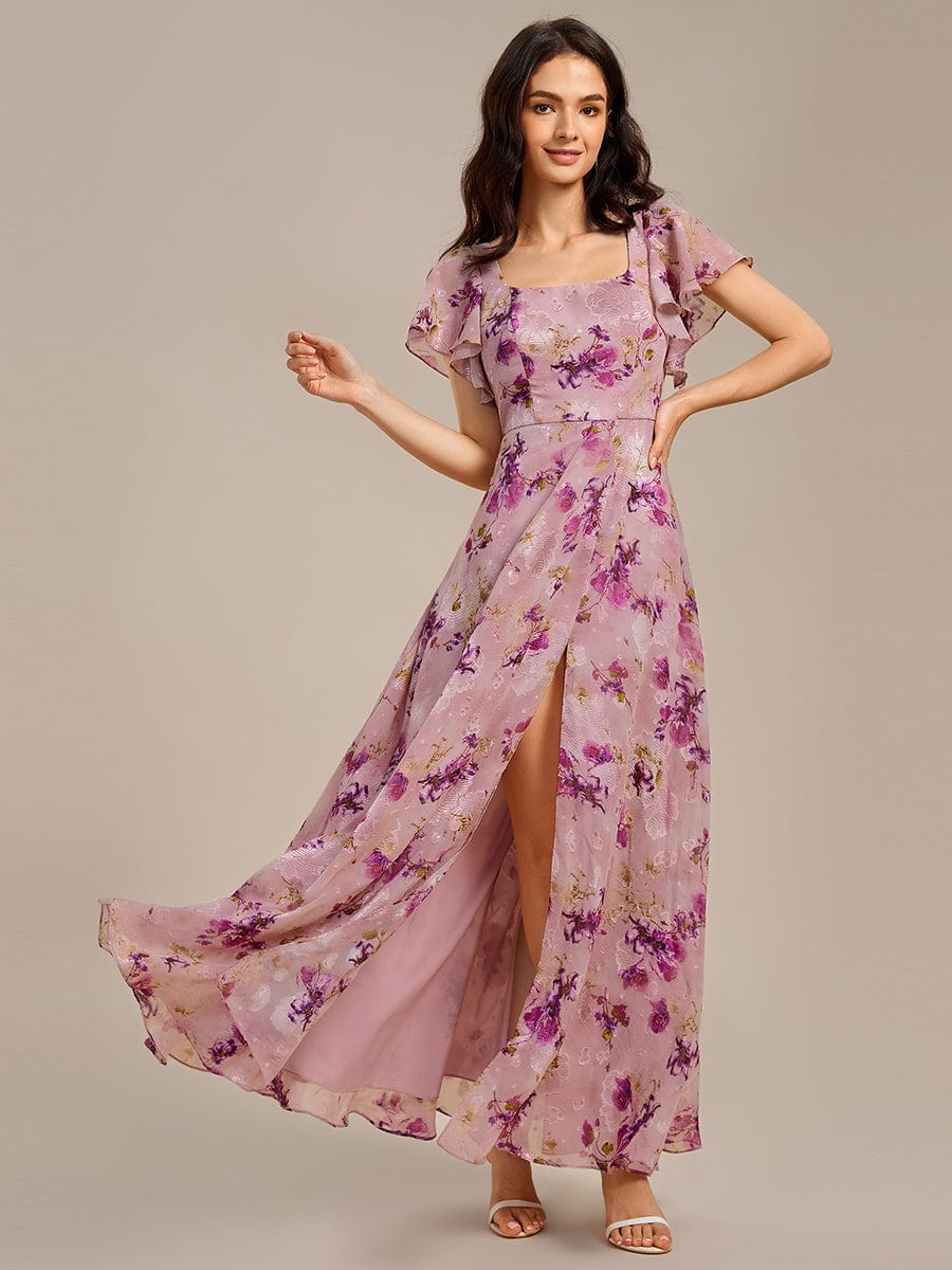 Floral Print Flutter Sleeve Side Split Maxi Formal Dresses #color_Light Purple Print