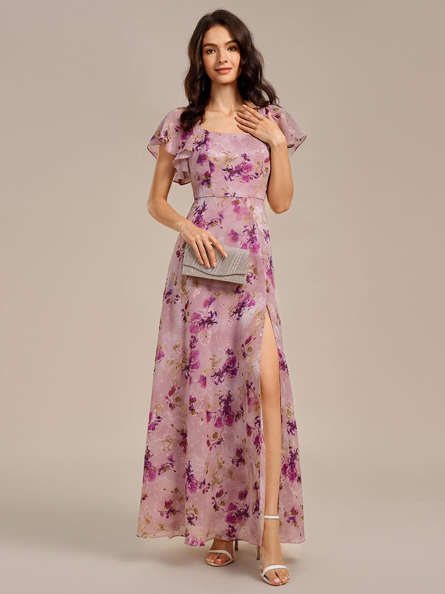 Floral Print Flutter Sleeve Side Split Maxi Formal Dresses #color_Light Purple Print