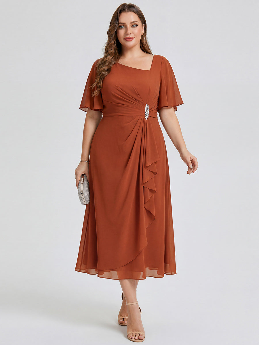 Plus Size Pleated Chiffon Ruffle Sleeve Midi Dress #color_Burnt Orange