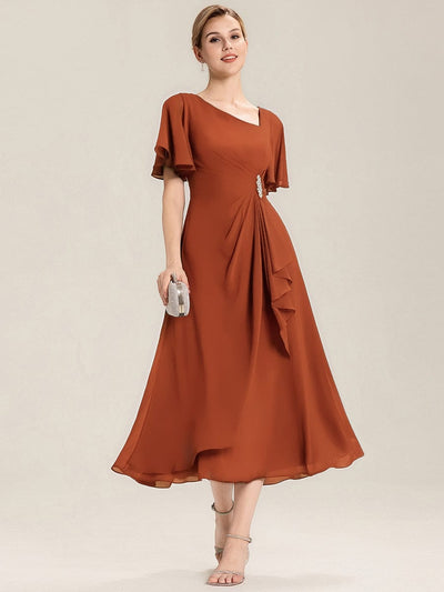 Elegant Chiffon Ruffle Sleeve Formal Dress #color_Burnt Orange