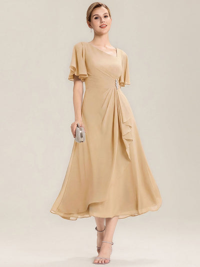 ever LILOU| Pleated Chiffon Ruffle Sleeve Wedding Guest Dress