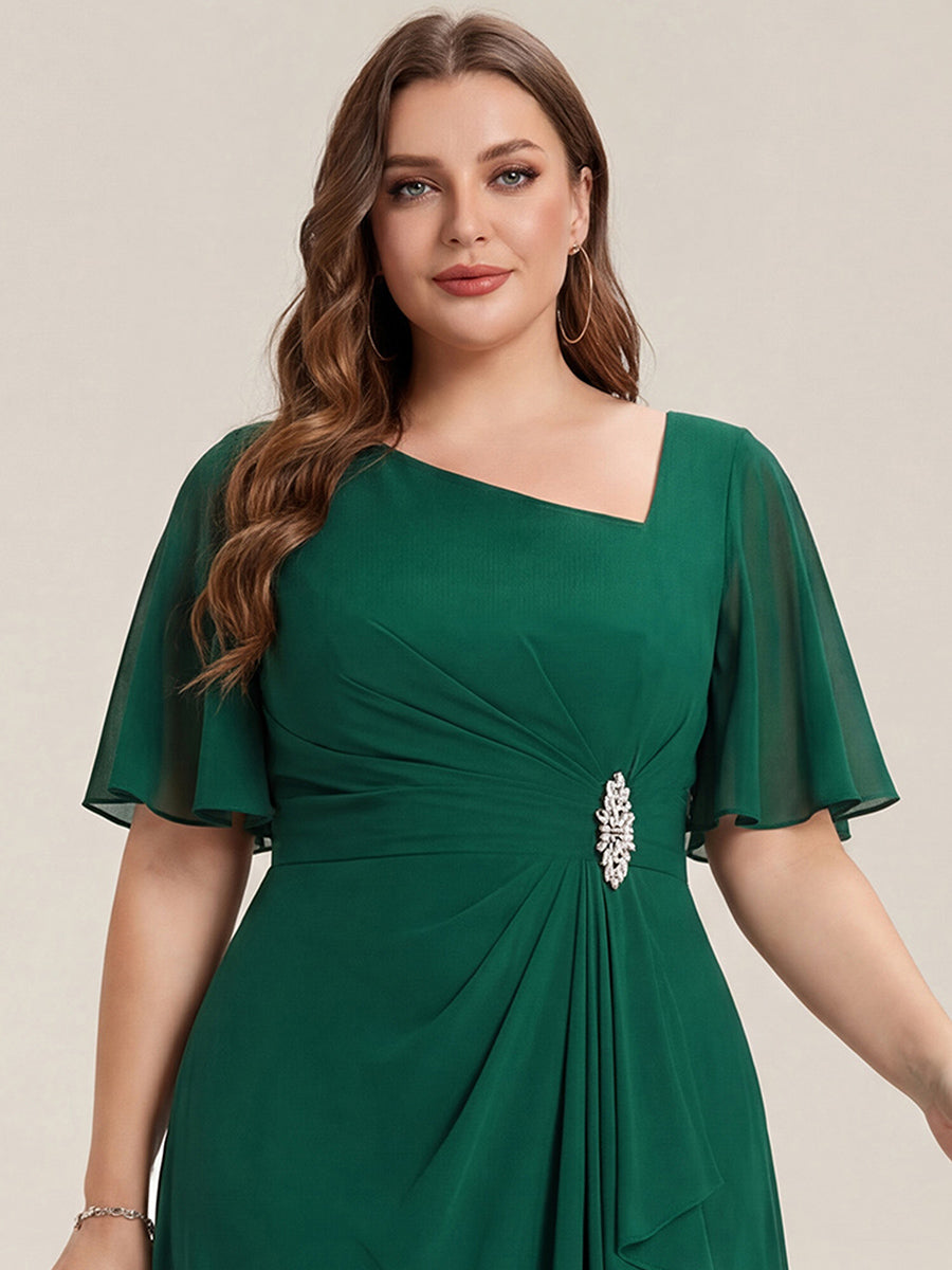 Plus Size Pleated Chiffon Ruffle Sleeve Midi Dress #color_Dark Green