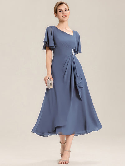 Plus Size Pleated Chiffon Ruffle Sleeve Midi Dress #color_Dusty Blue