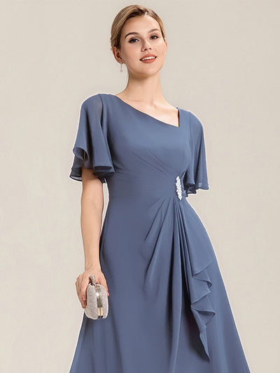 Plus Size Pleated Chiffon Ruffle Sleeve Midi Dress #color_Dusty Blue