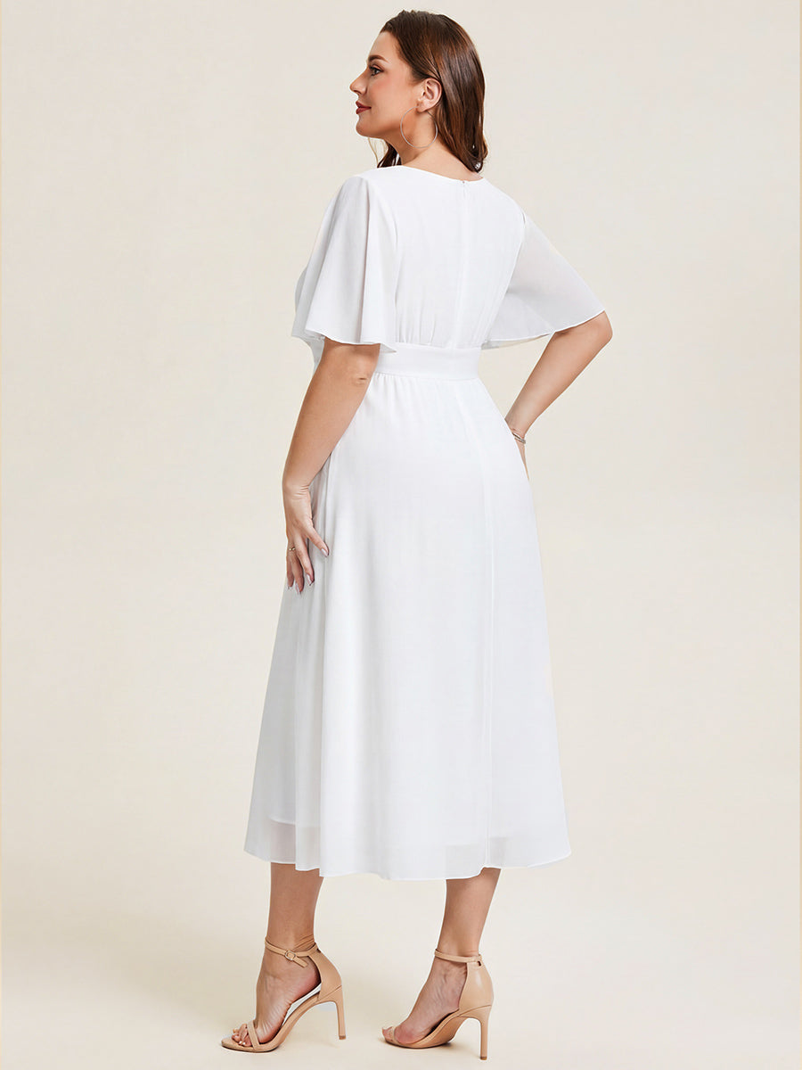 Plus Size Pleated Chiffon Ruffle Sleeve Midi Dress #color_White