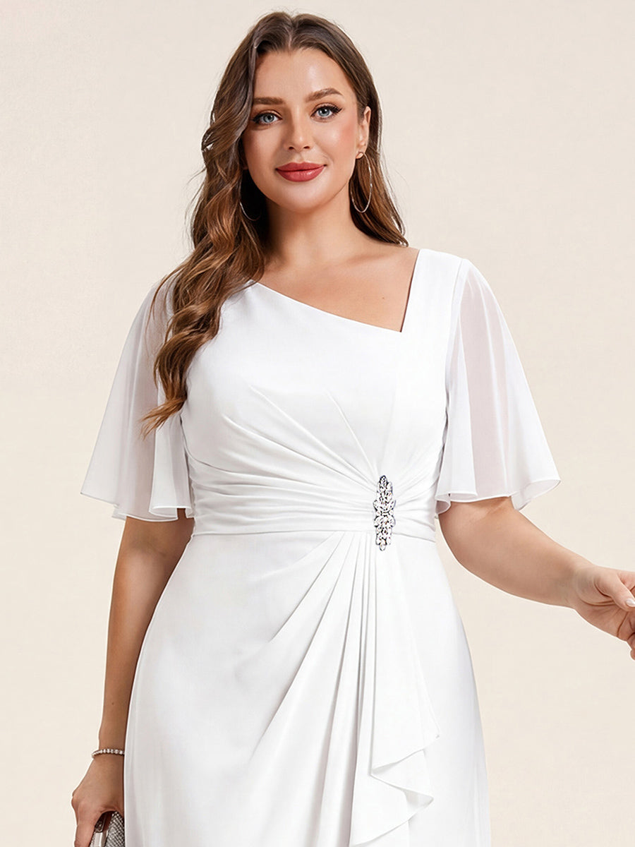 Plus Size Pleated Chiffon Ruffle Sleeve Midi Dress #color_White