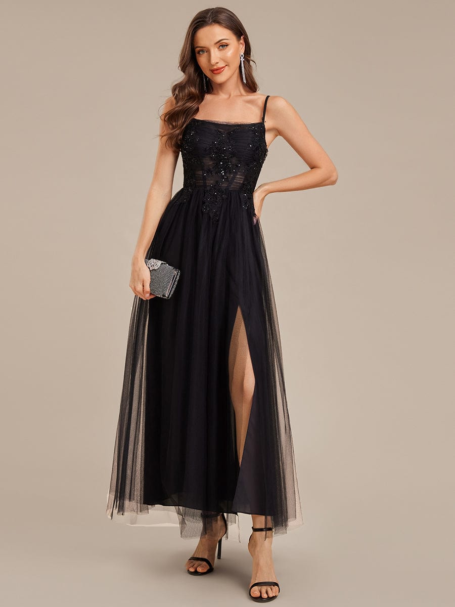 Applique Mesh Sleeveless Evening Dress #color_Black