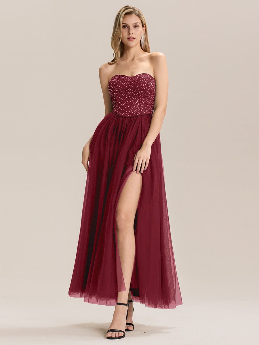 Strapless Tulle Embellished Evening Dress #color_Burgundy