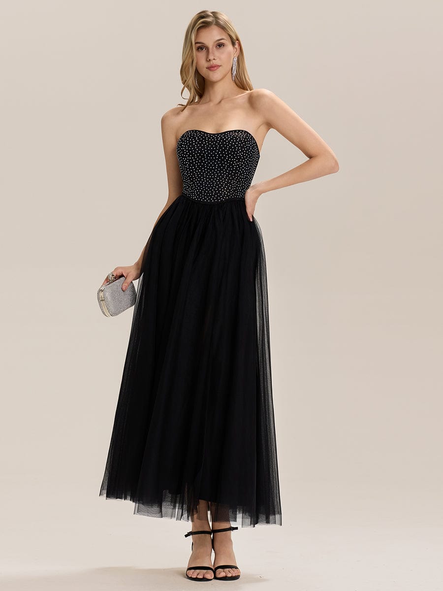 Strapless Tulle Embellished Evening Dress #color_Black