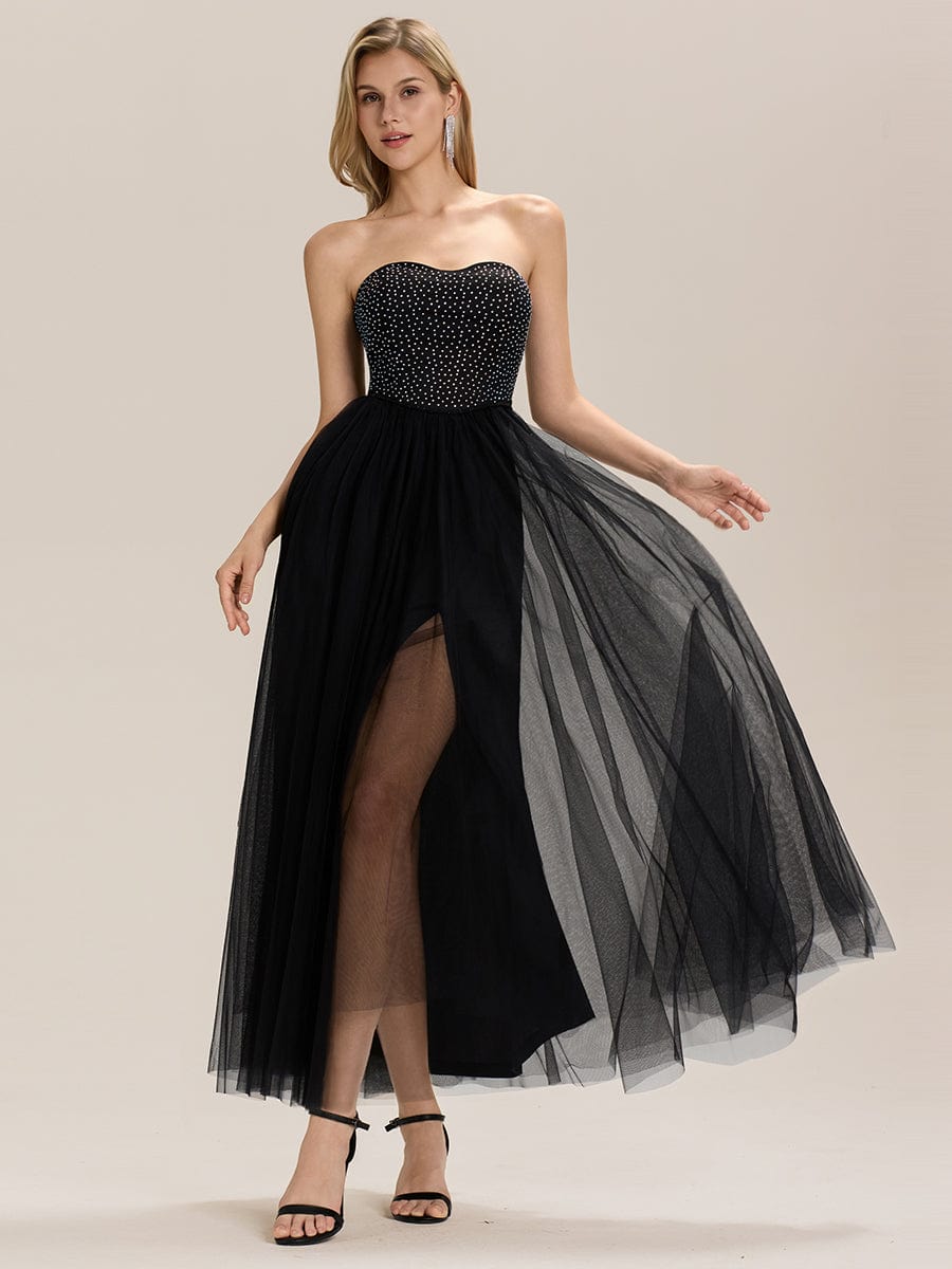 Strapless Tulle Embellished Evening Dress #color_Black