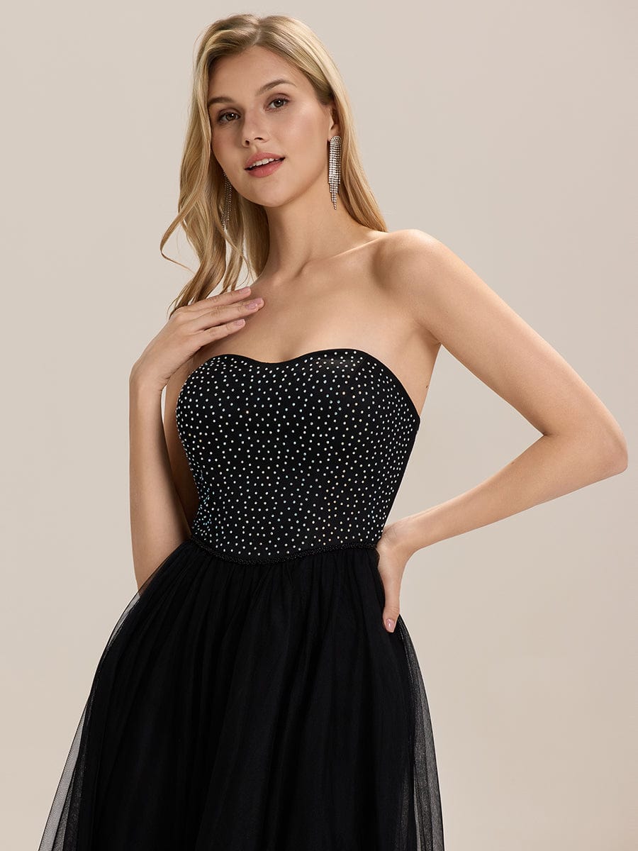 Strapless Tulle Embellished Evening Dress #color_Black