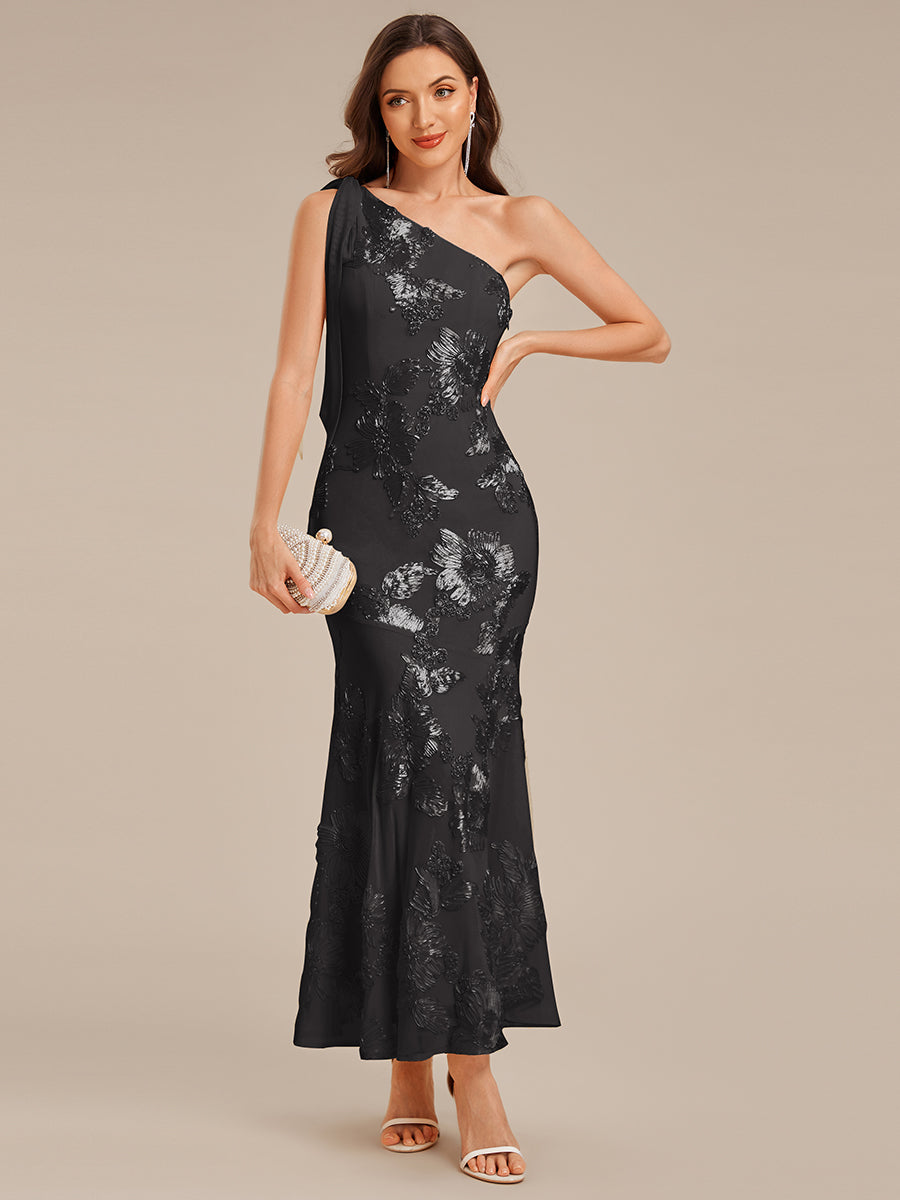 Flowing Ribbon Mesh Mermaid Formal Dress #color_Black