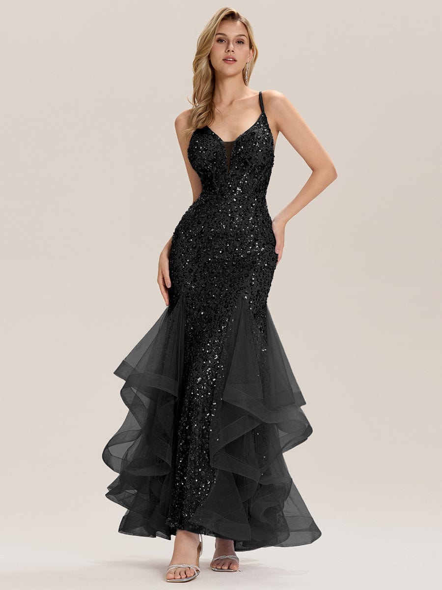 Tie Back Sequin Mermaid Evening Dress #color_Black