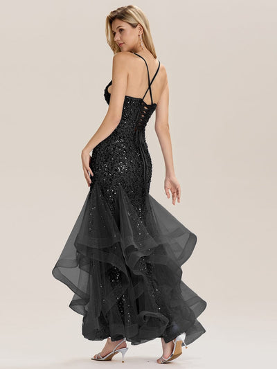 Tie Back Sequin Mermaid Evening Dress #color_Black