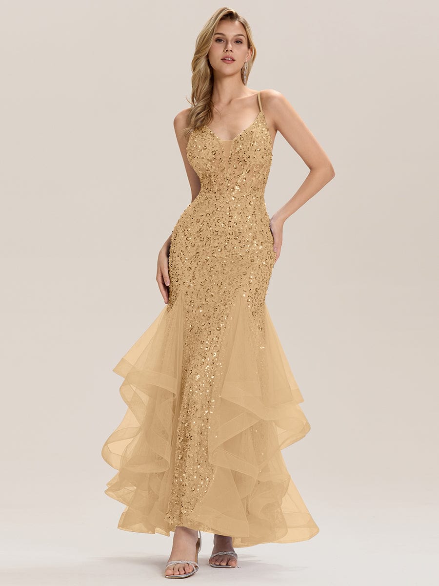 Tie Back Sequin Mermaid Evening Dress #color_Gold