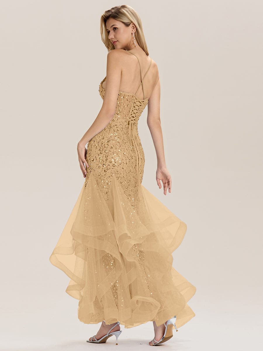 Tie Back Sequin Mermaid Evening Dress #color_Gold