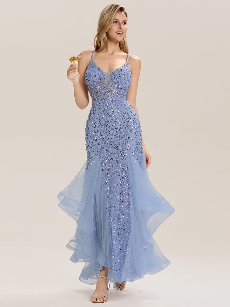 Tie Back Sequin Mermaid Evening Dress #color_Light Blue