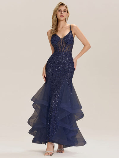 Tie Back Sequin Mermaid Evening Dress #color_Navy Blue