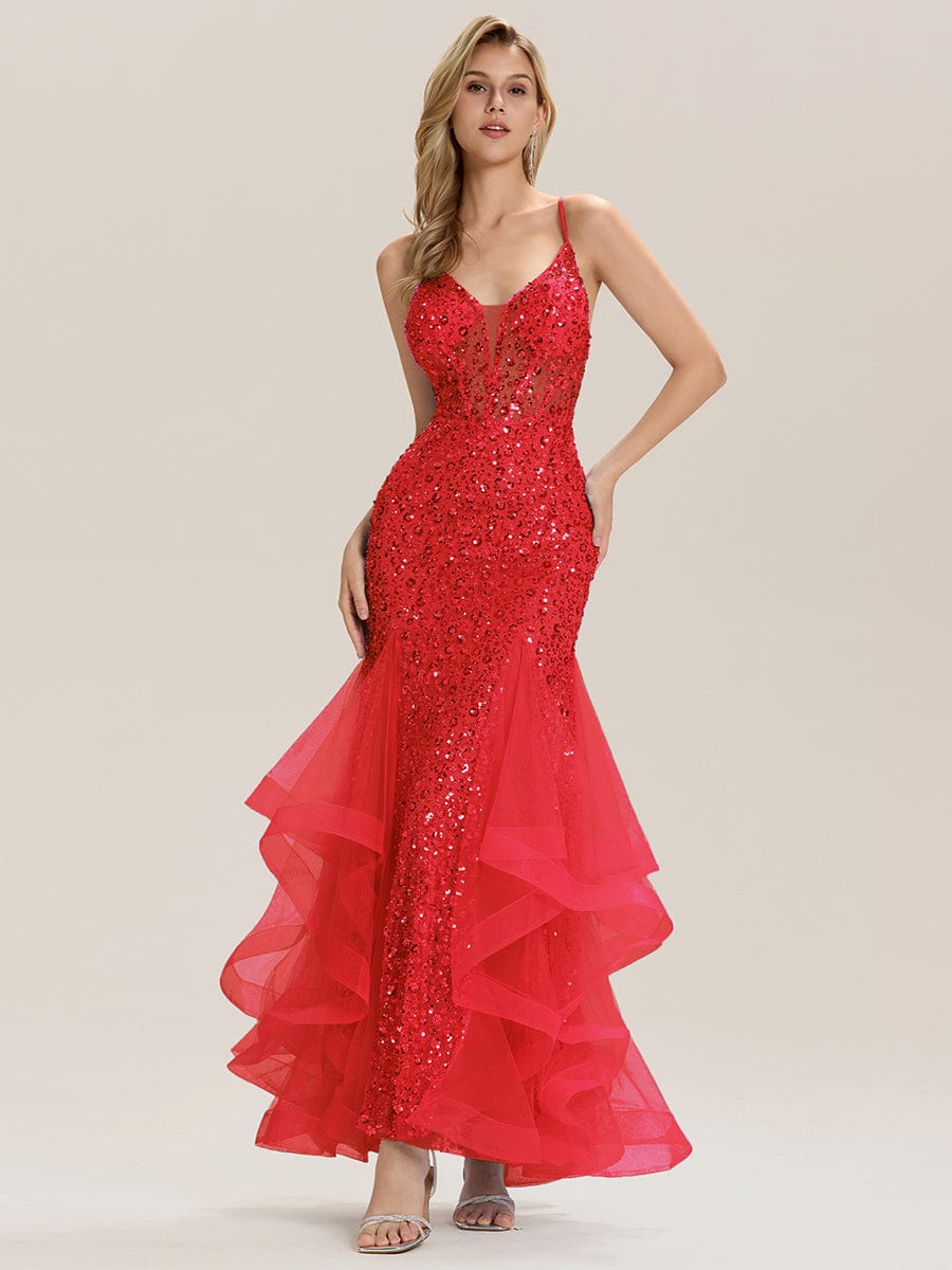 Tie Back Sequin Mermaid Evening Dress #color_Red
