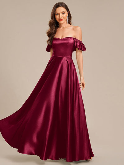 Back Tie Satin Ruffle Sleeve Formal Dress #color_Burgundy