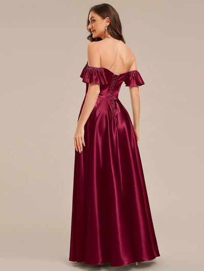 Back Tie Satin Ruffle Sleeve Formal Dress #color_Burgundy