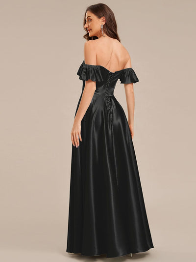 Back Tie Satin Ruffle Sleeve Formal Dress #color_Black
