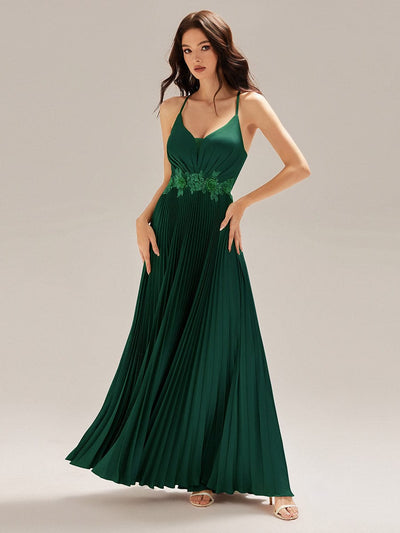 Applique Satin Pleated Sleeveless Dress #color_Dark Green