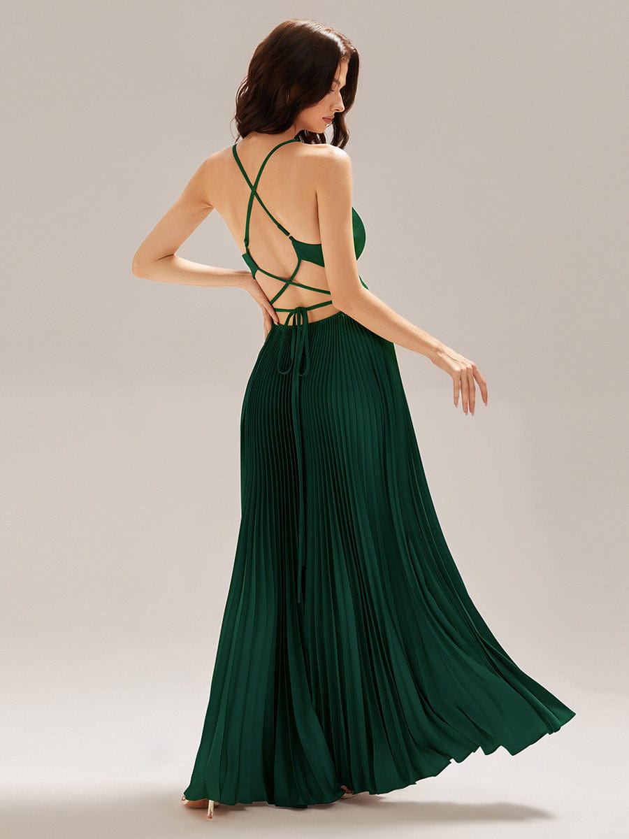 Applique Satin Pleated Sleeveless Dress #color_Dark Green