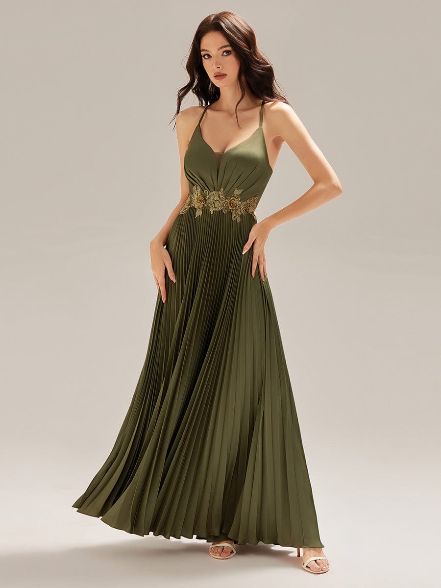 Applique Satin Pleated Sleeveless Dress #color_Olive Green