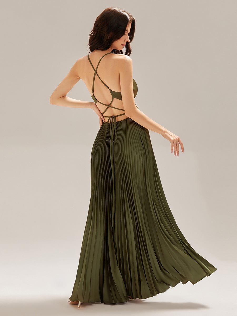 Applique Satin Pleated Sleeveless Dress #color_Olive Green