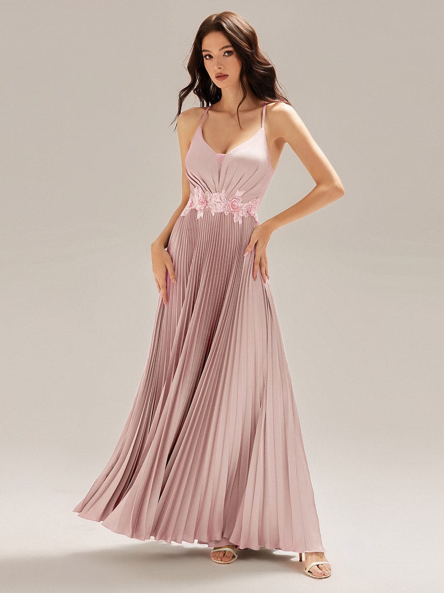 Applique Satin Pleated Sleeveless Dress #color_Pink