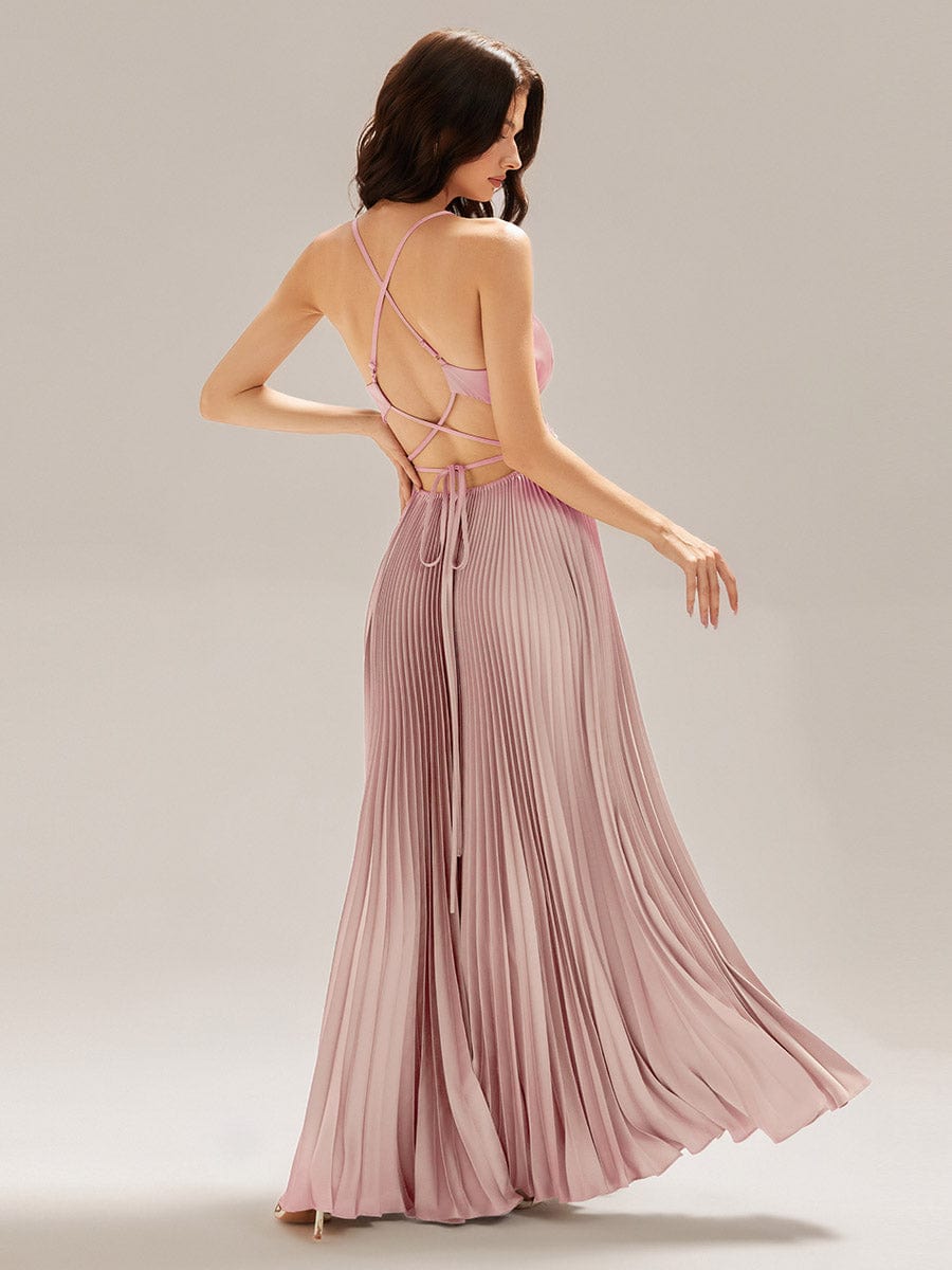 Applique Satin Pleated Sleeveless Dress #color_Pink