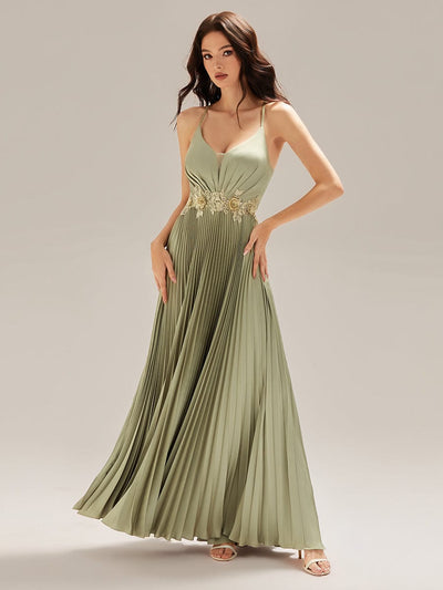 Applique Satin Pleated Sleeveless Dress #color_Sage Green